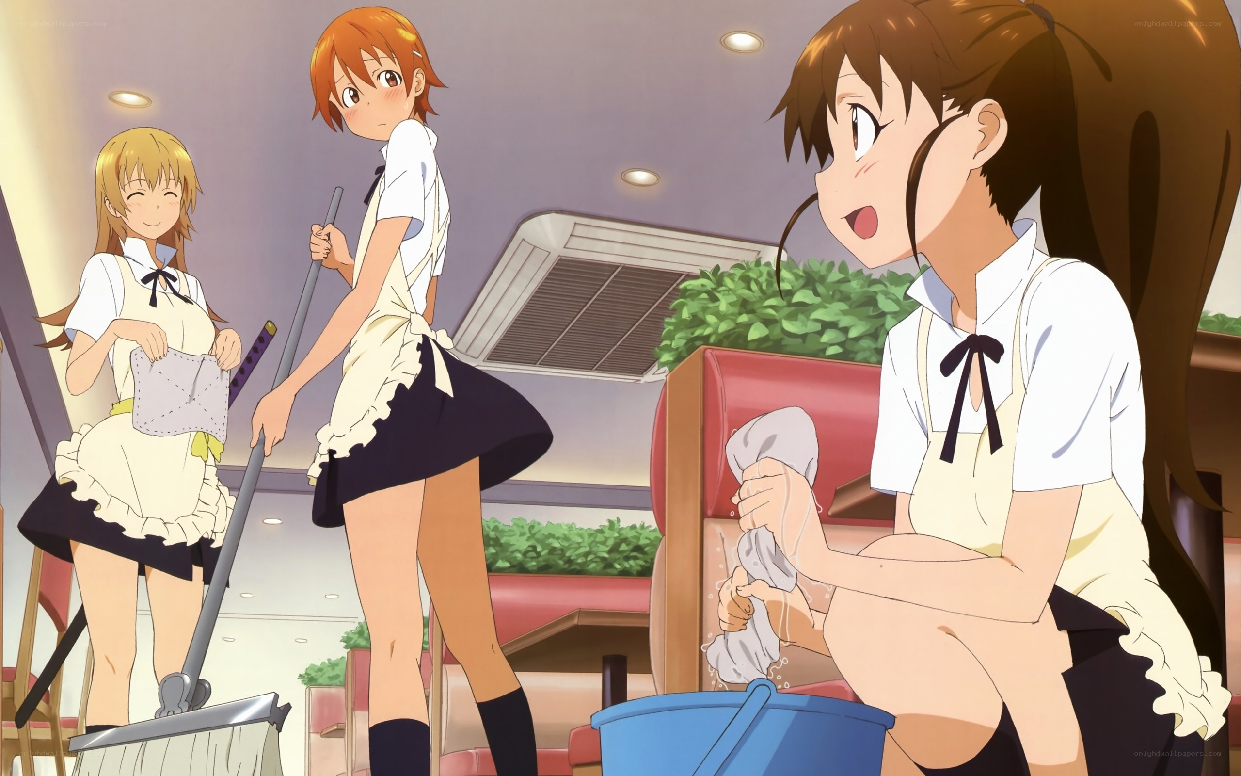 Anime girls cleaning a cafe