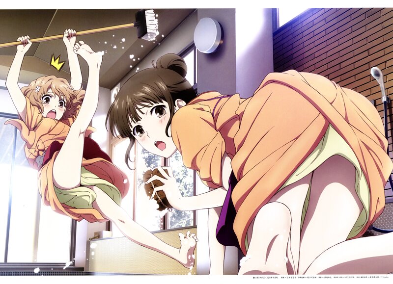 Anime girls cleaning in a bathroom