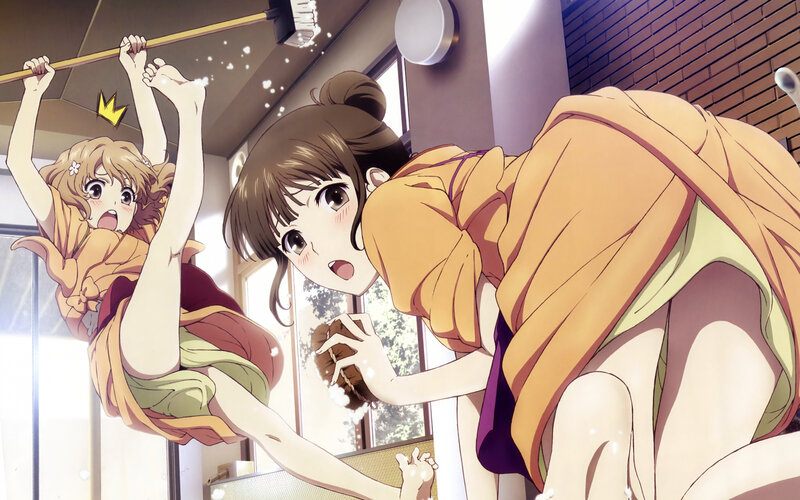 Anime girls cleaning indoors