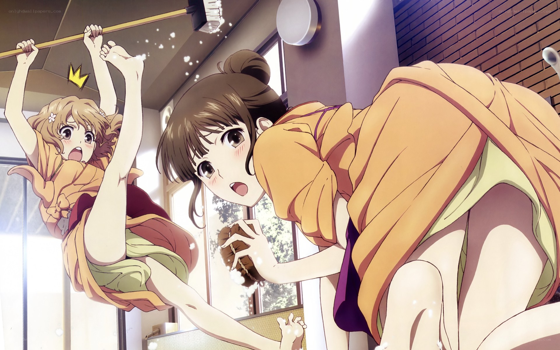 Anime girls cleaning indoors