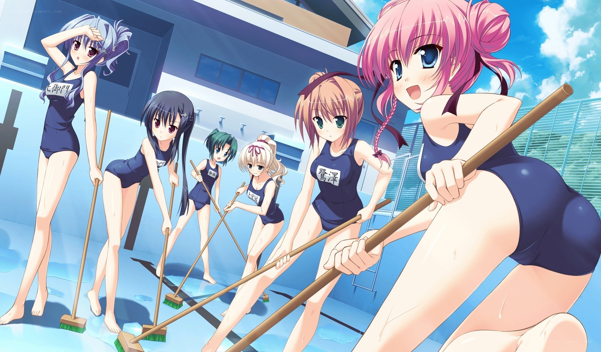 anime girls cleaning pool