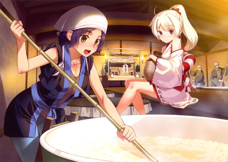 Anime girls cooking in a kitchen