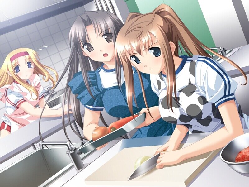 anime girls cooking in kitchen