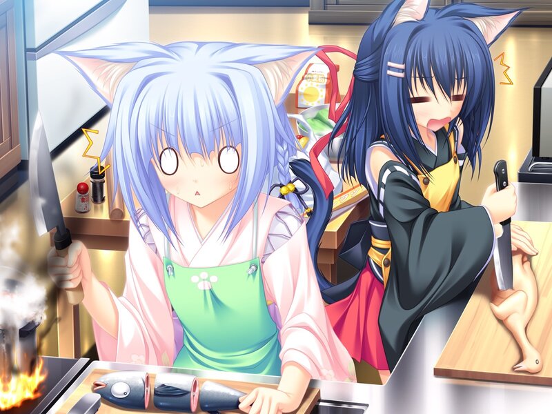 Anime girls cooking in kitchen