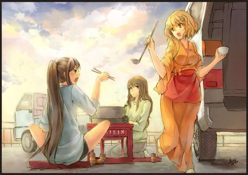 Anime girls cooking outdoors