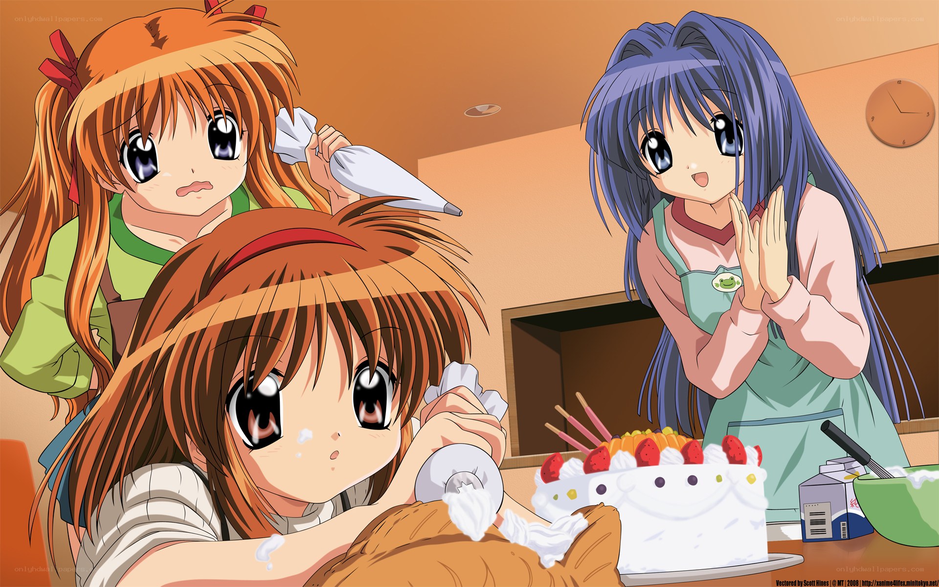 Anime girls decorating a cake