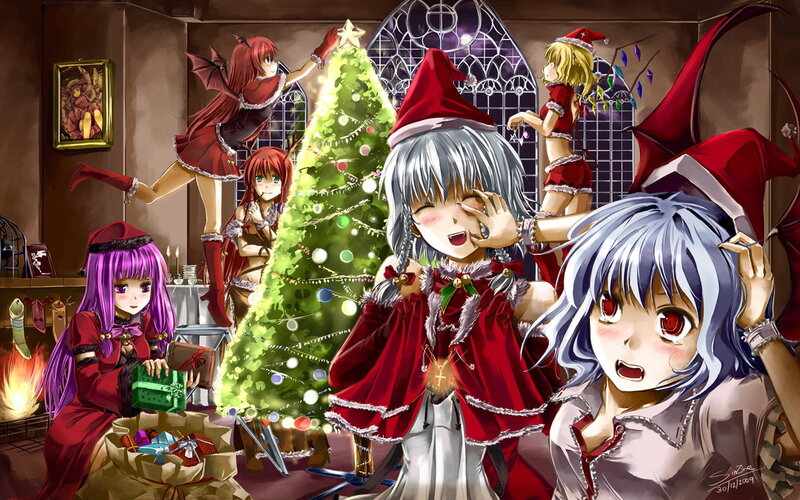 Anime girls decorating a Christmas tree