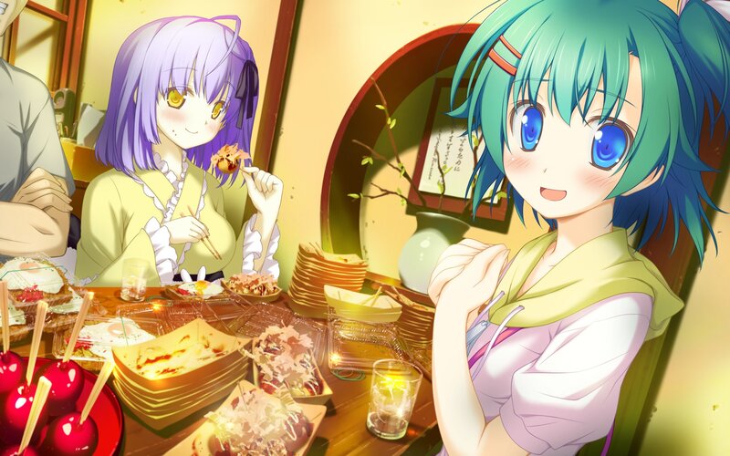 Anime girls eating at a restaurant