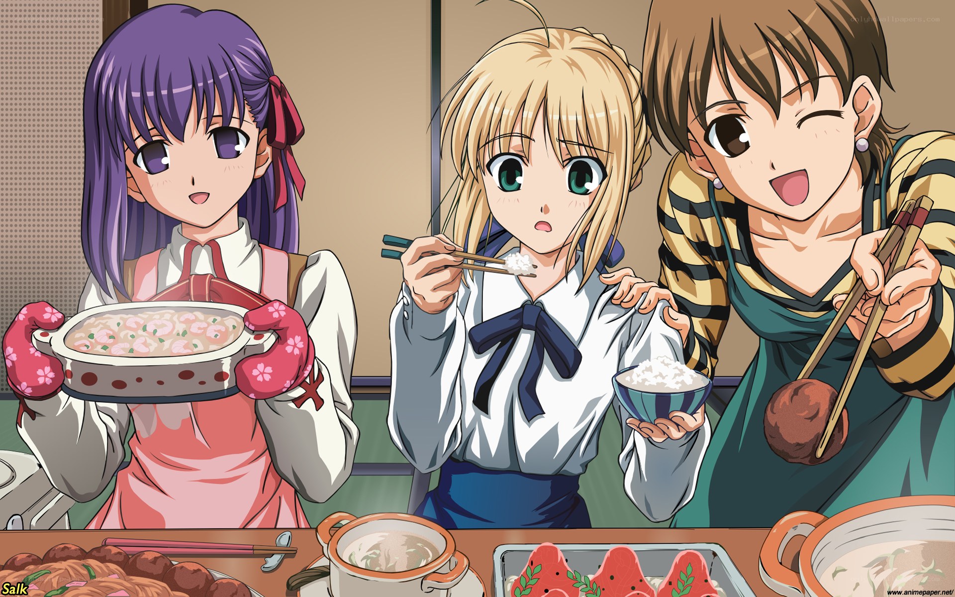 Anime girls eating dinner
