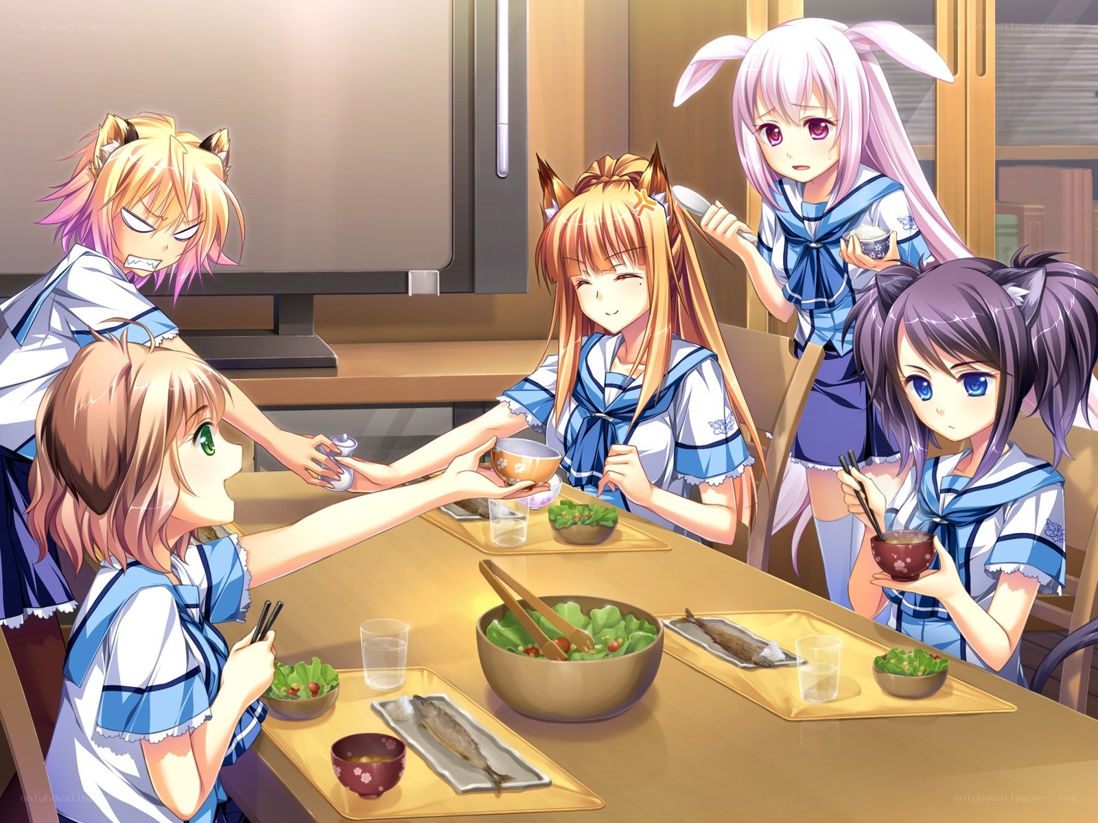 anime girls eating dinner together