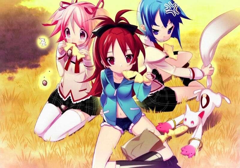anime girls eating in a field