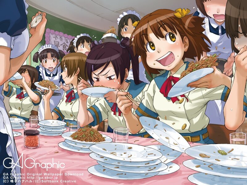 anime girls eating noodles