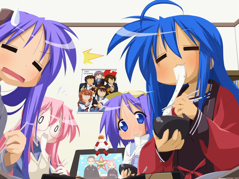 anime girls eating noodles