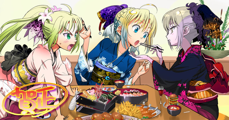 anime girls eating together