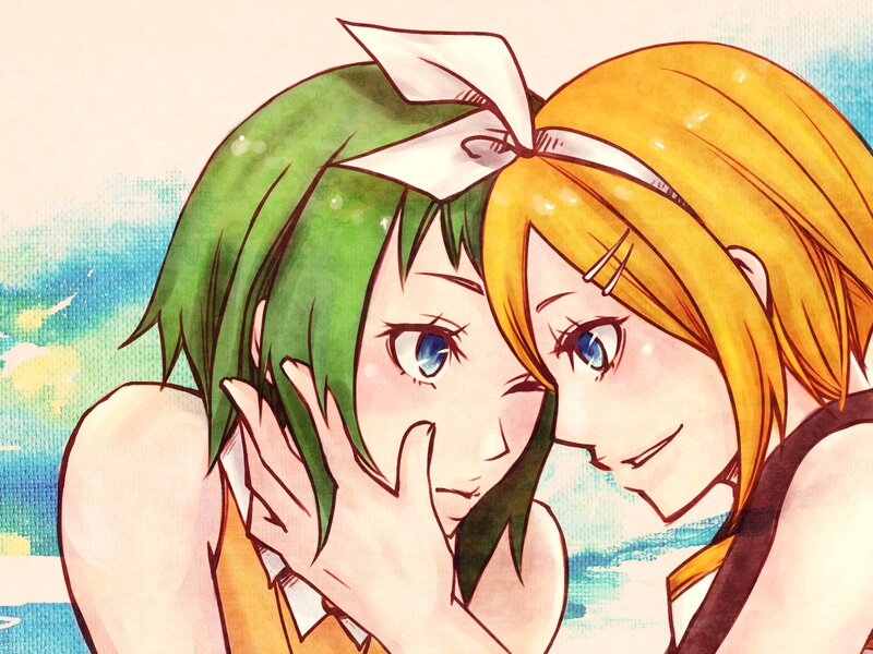 Anime girls embracing at the beach