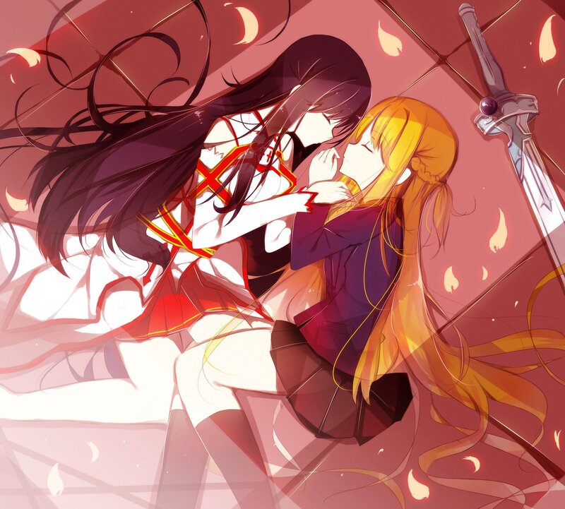 anime girls embracing in red light