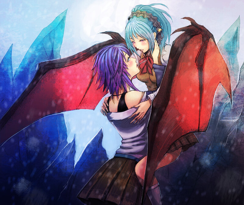 anime girls embracing in snow