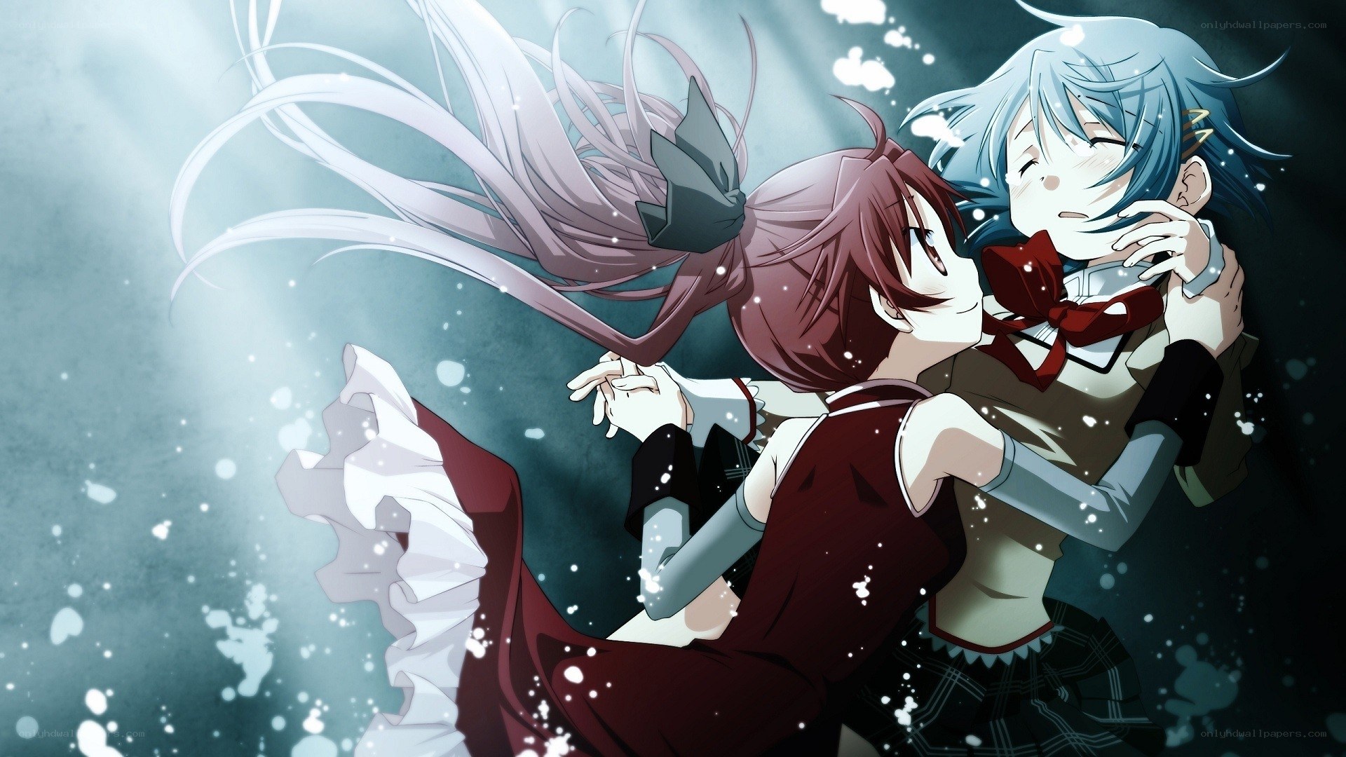 anime girls embracing underwater