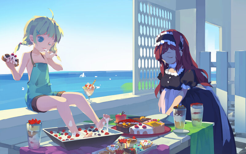 Anime girls enjoying desserts by the sea