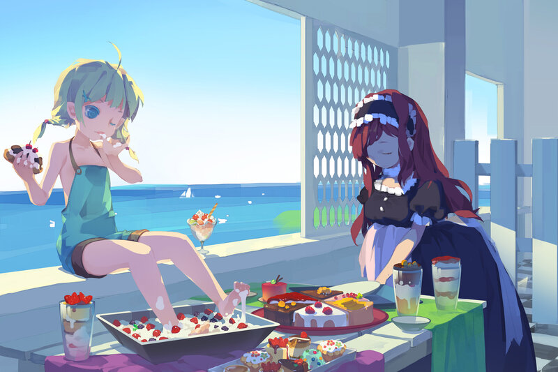 Anime girls enjoying desserts by the sea