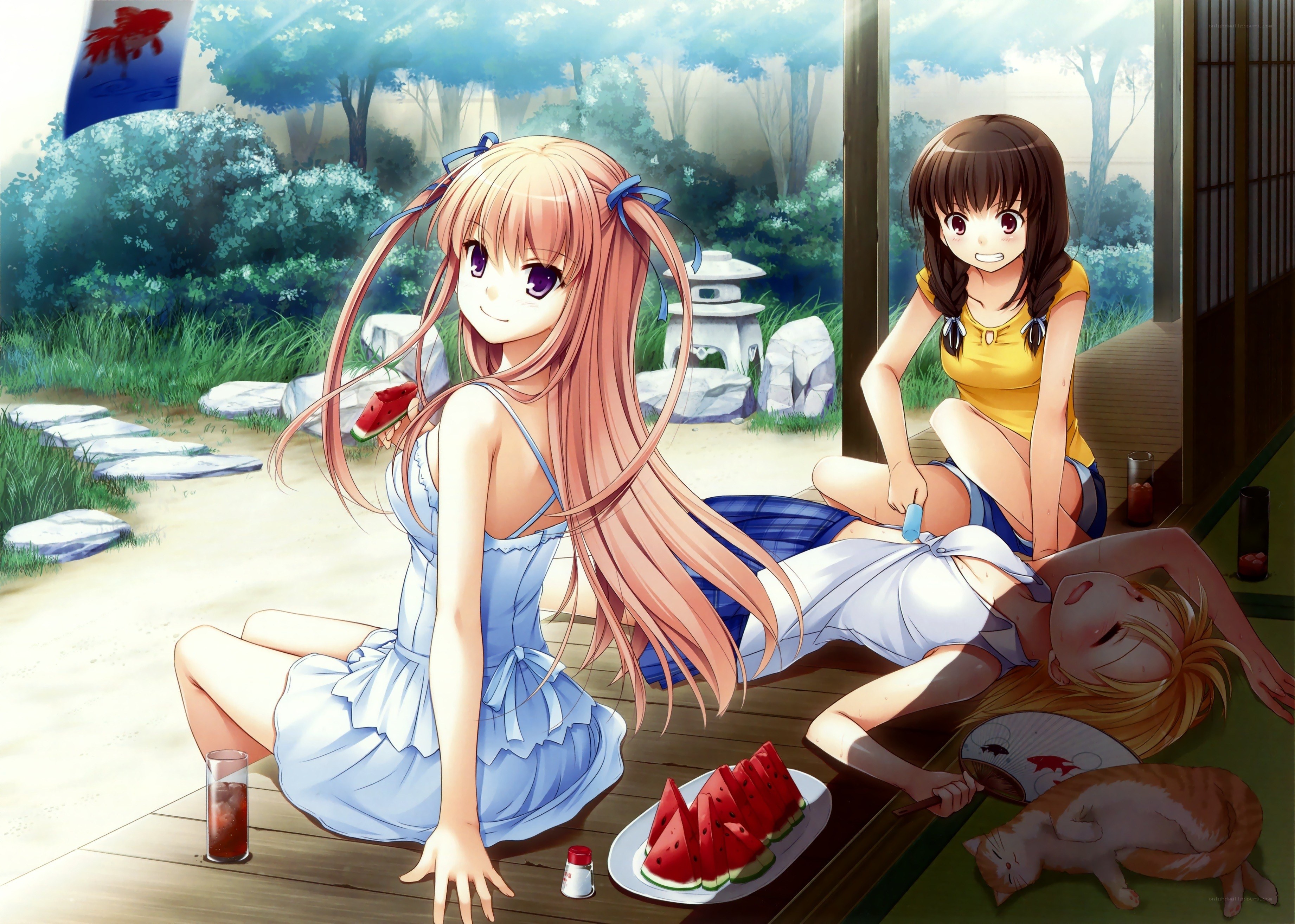 Anime girls enjoying watermelon
