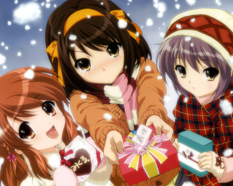 anime girls exchanging gifts in snow