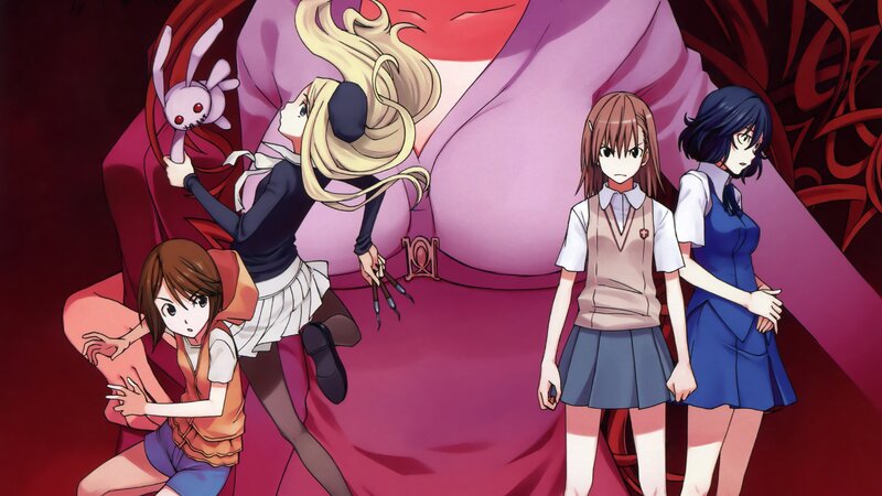 anime girls facing a giant figure