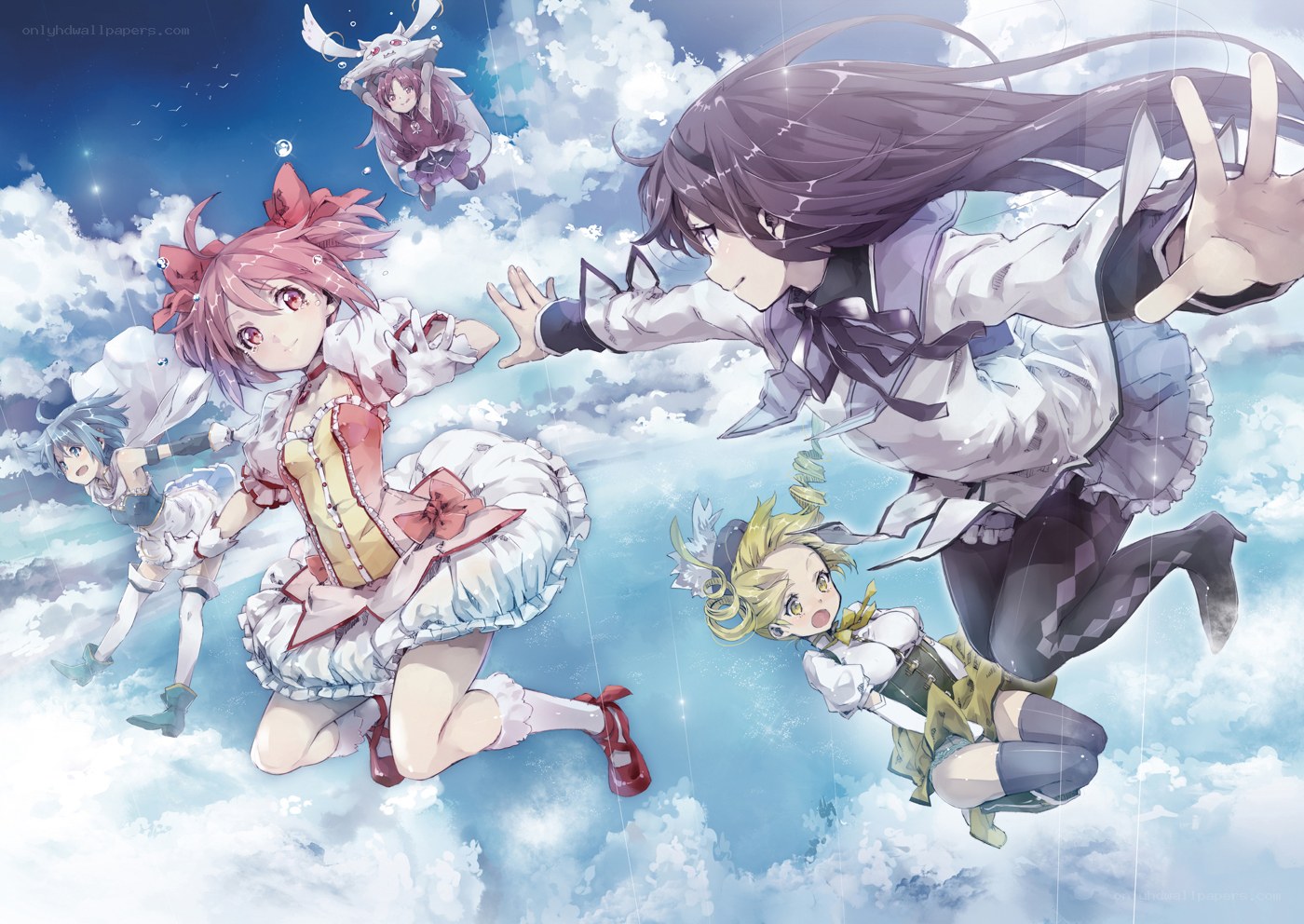 anime girls falling through clouds