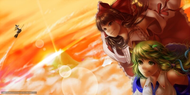 Anime girls flying at sunset