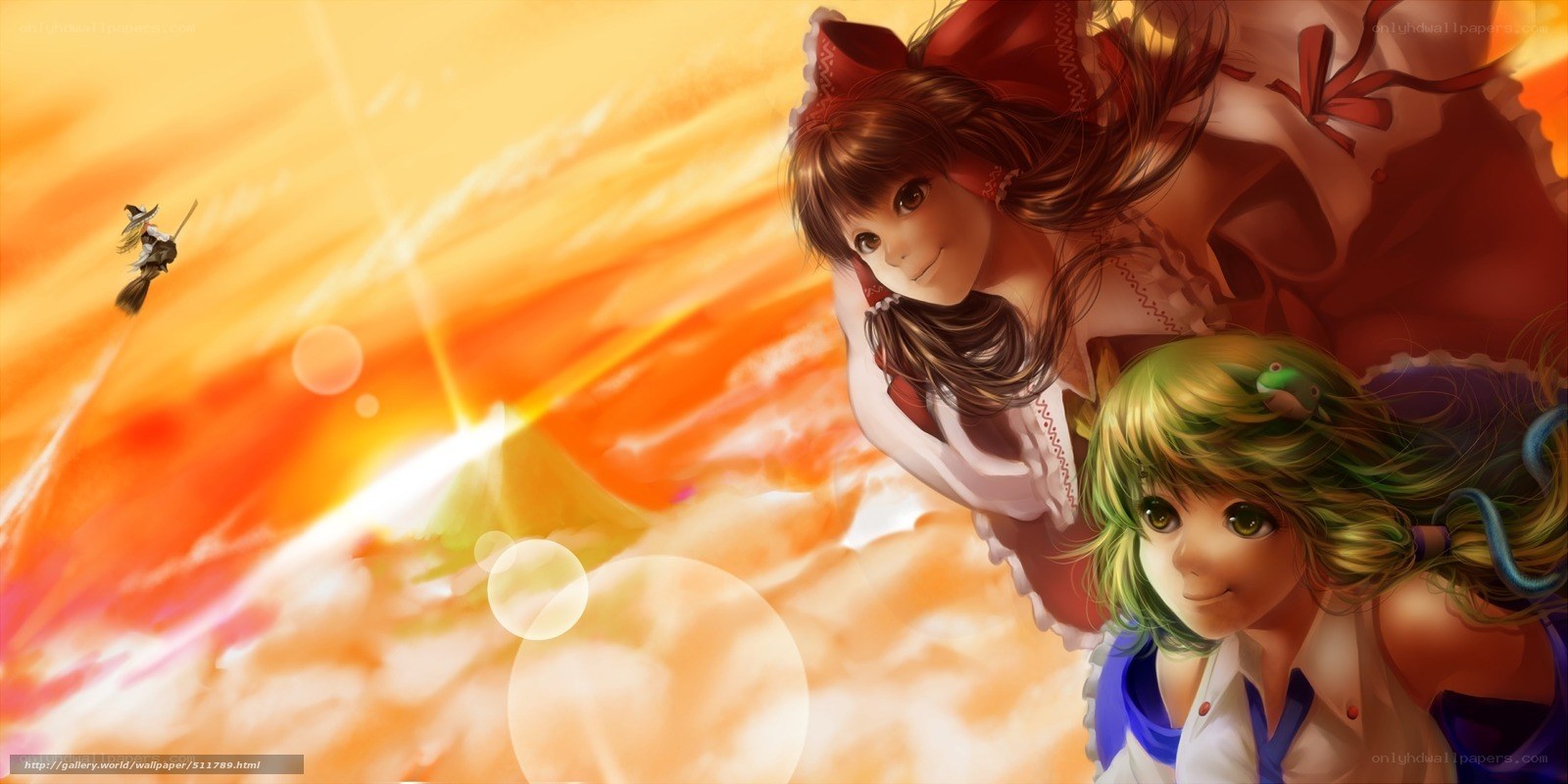 Anime girls flying at sunset