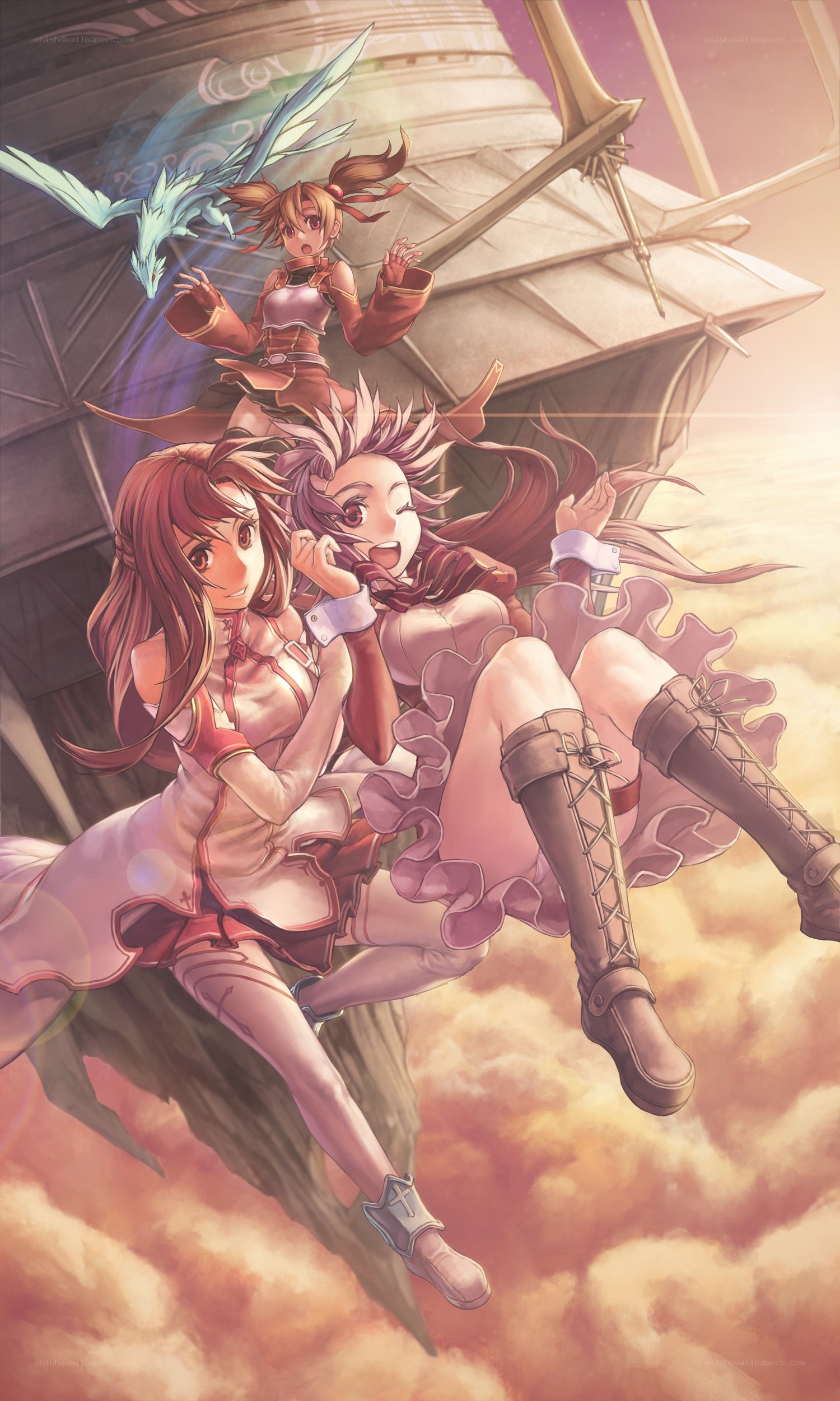 anime girls flying with dragon