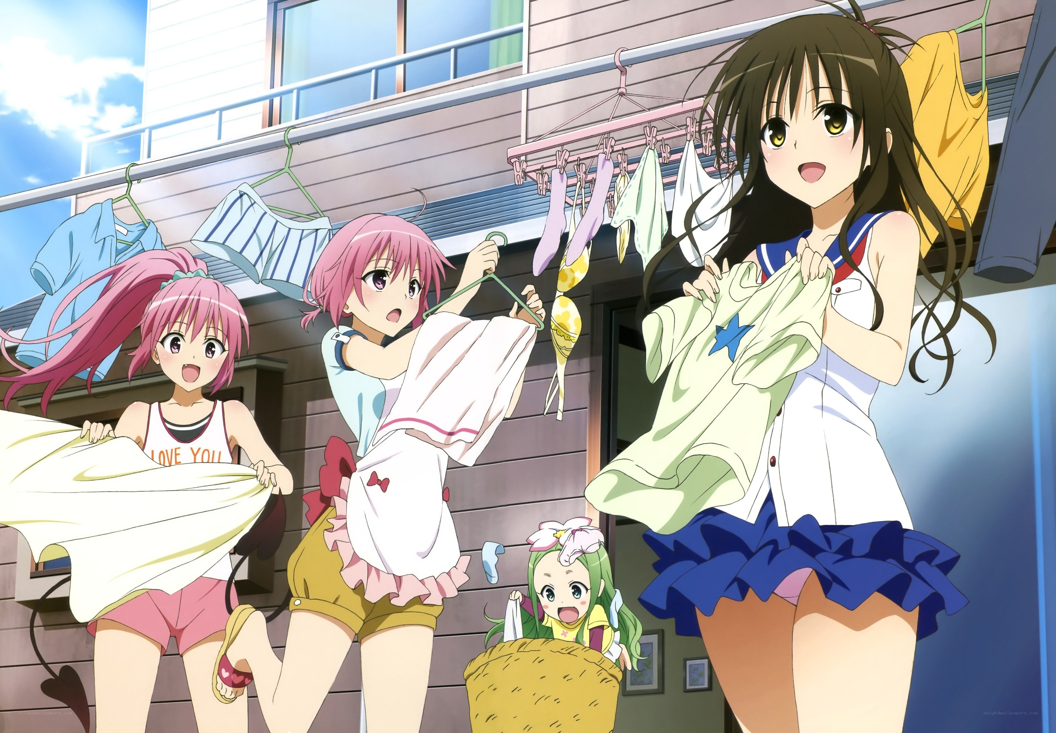 Anime girls hanging laundry