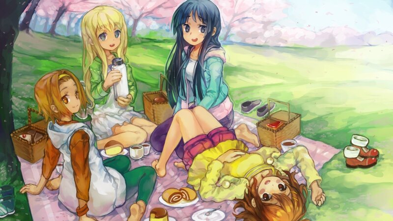 Anime girls having a picnic