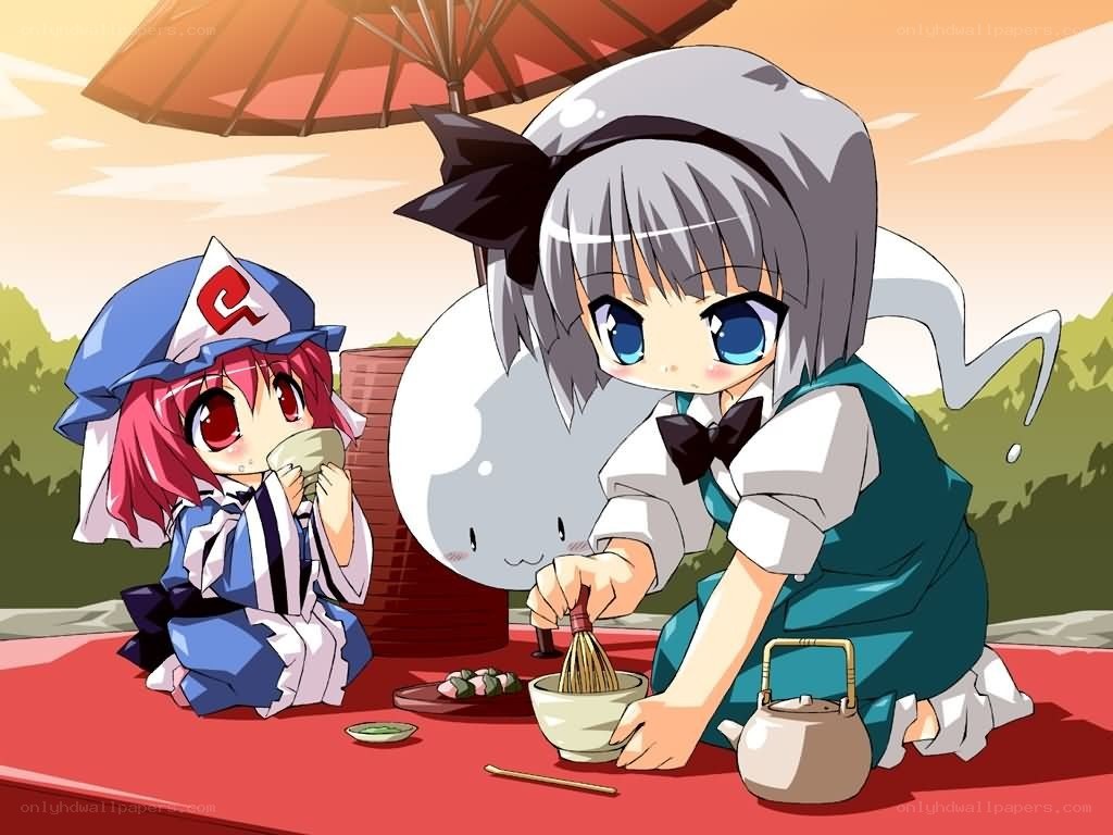 Anime girls having a tea ceremony