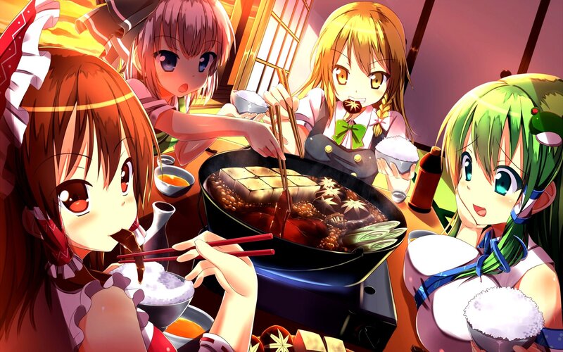 anime girls having hot pot meal