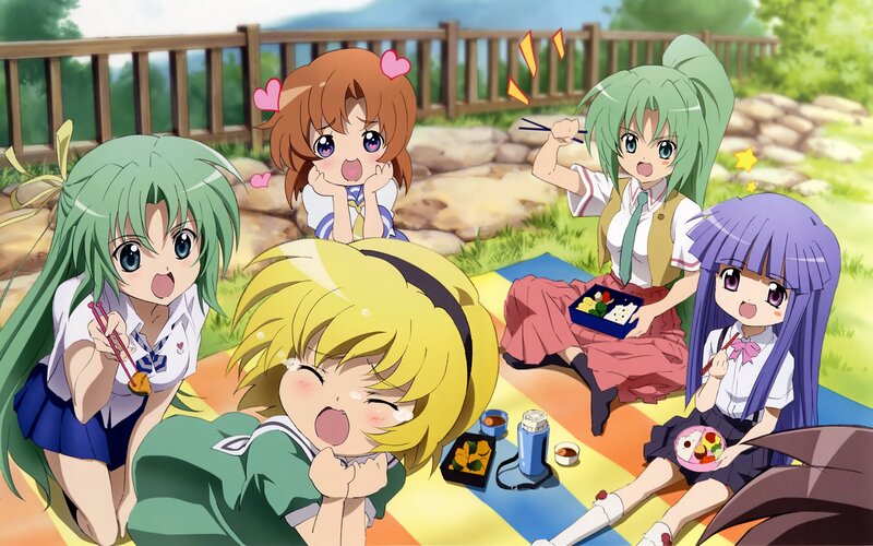 Anime Girls Having Picnic — Green, Happy