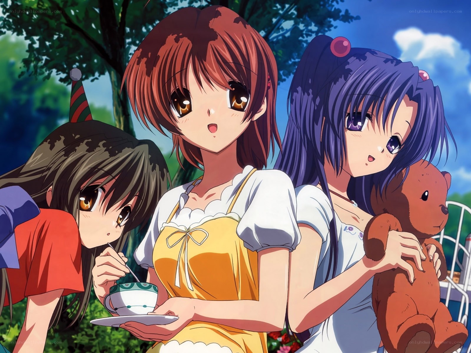 anime girls having tea outdoors