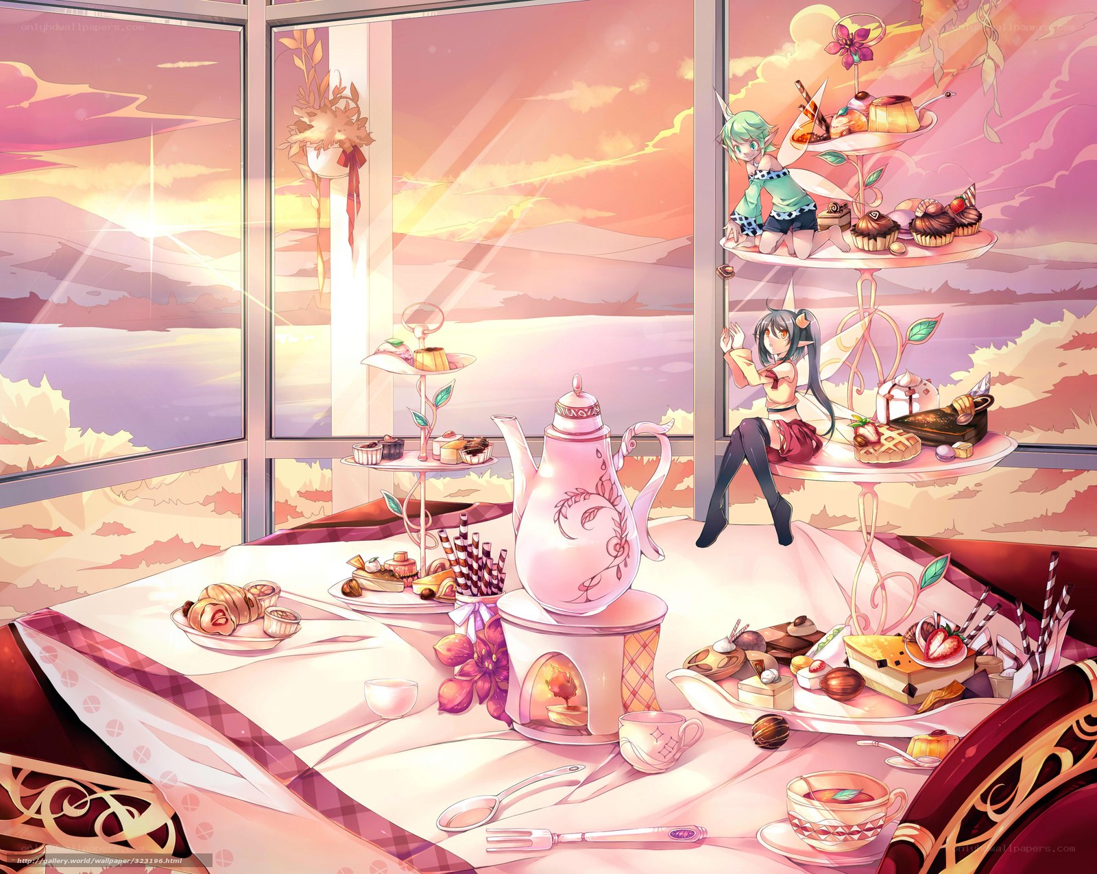 Anime girls having tea party