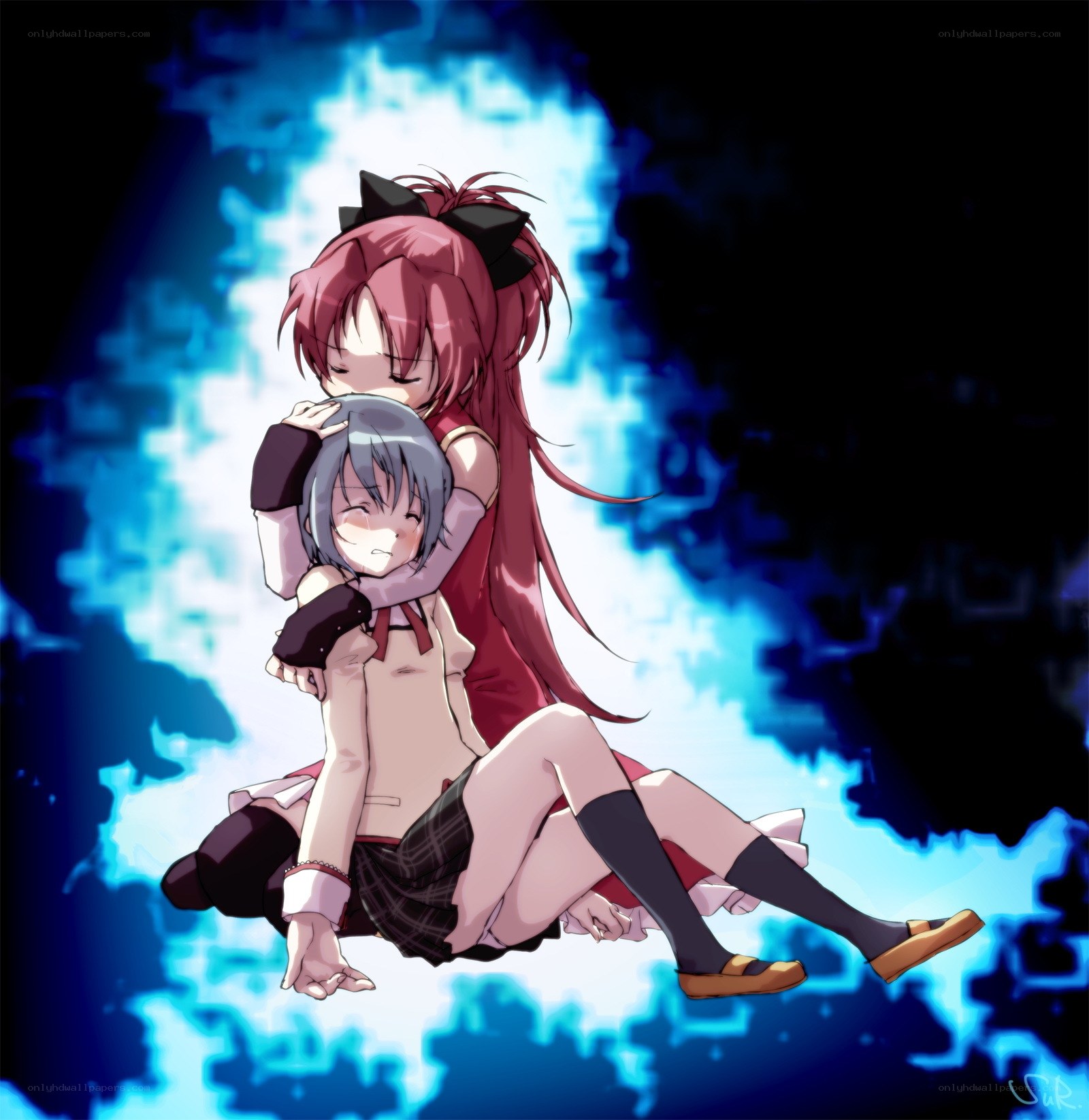 Anime girls hugging
