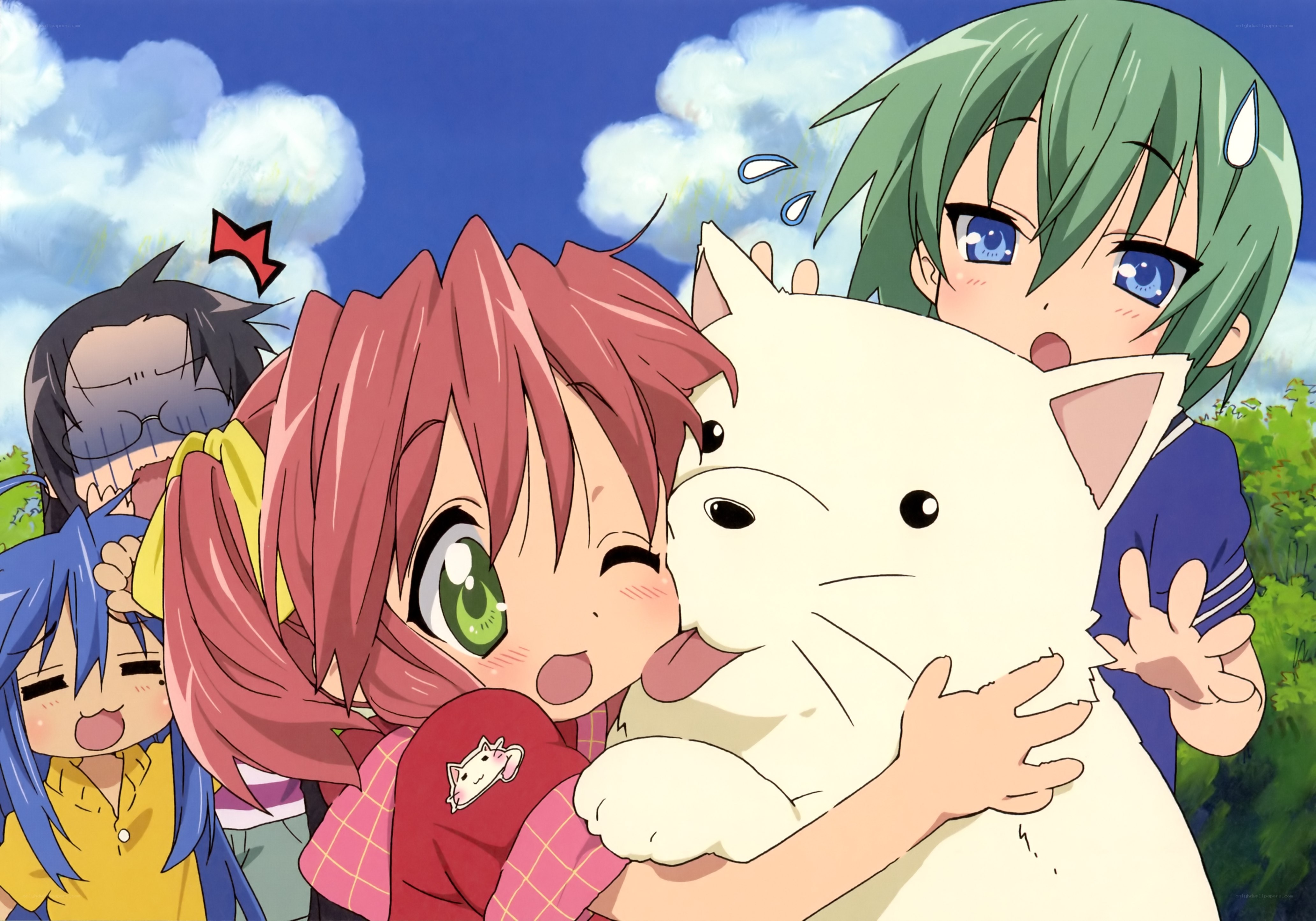 Anime girls hugging a cat