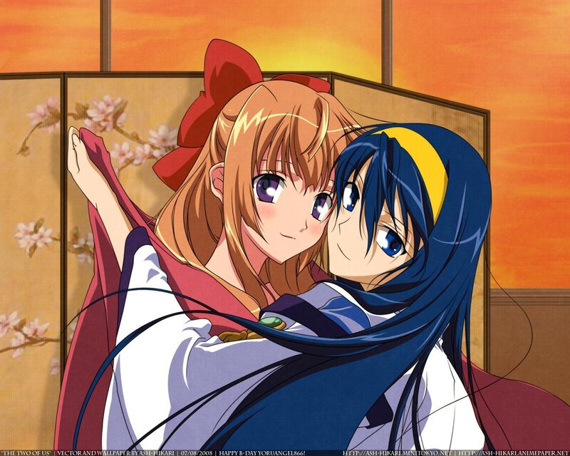Anime girls hugging at sunset