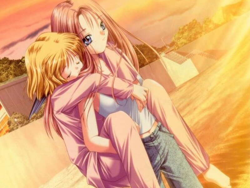 Anime girls hugging at sunset