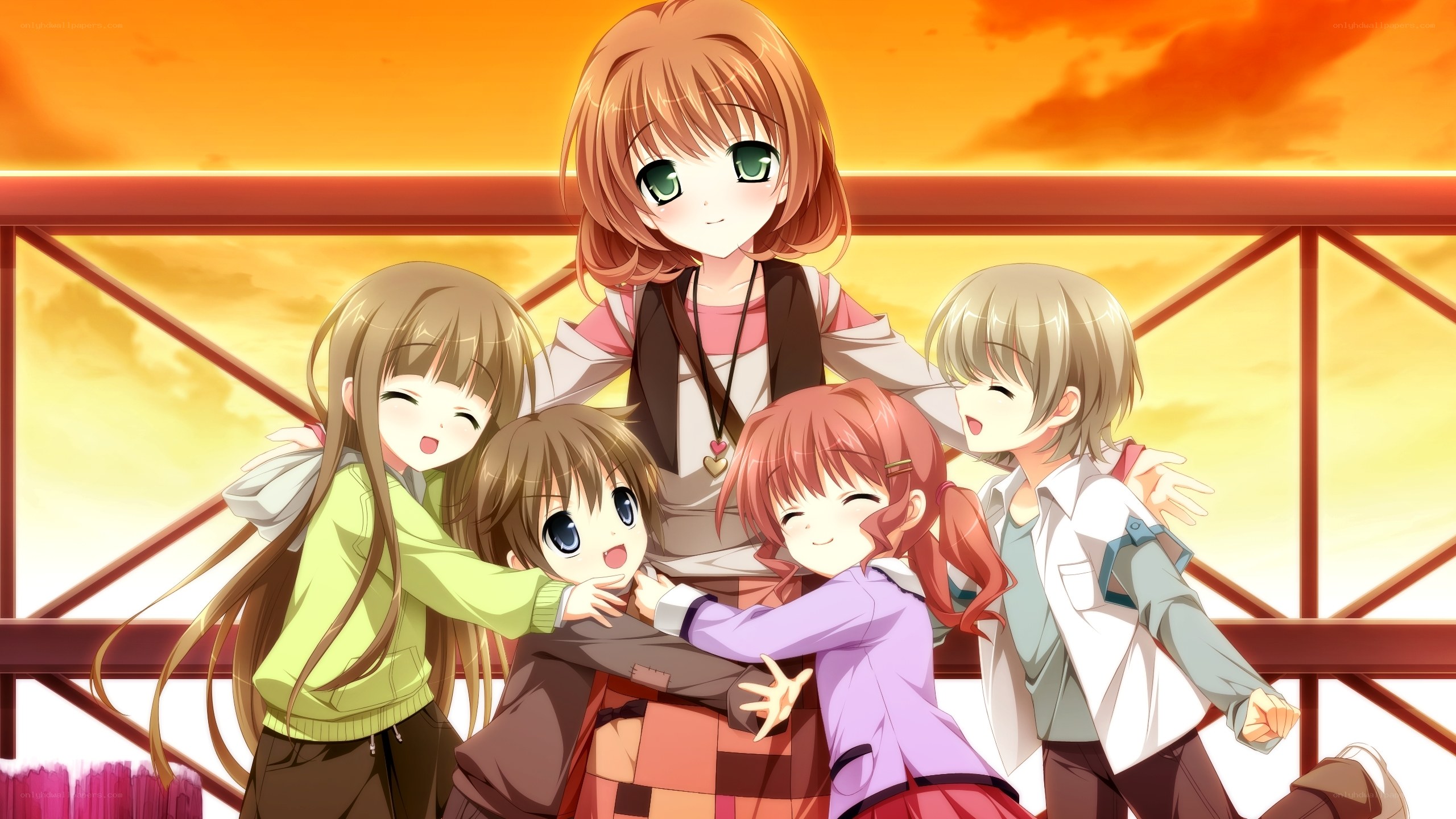 anime girls hugging at sunset