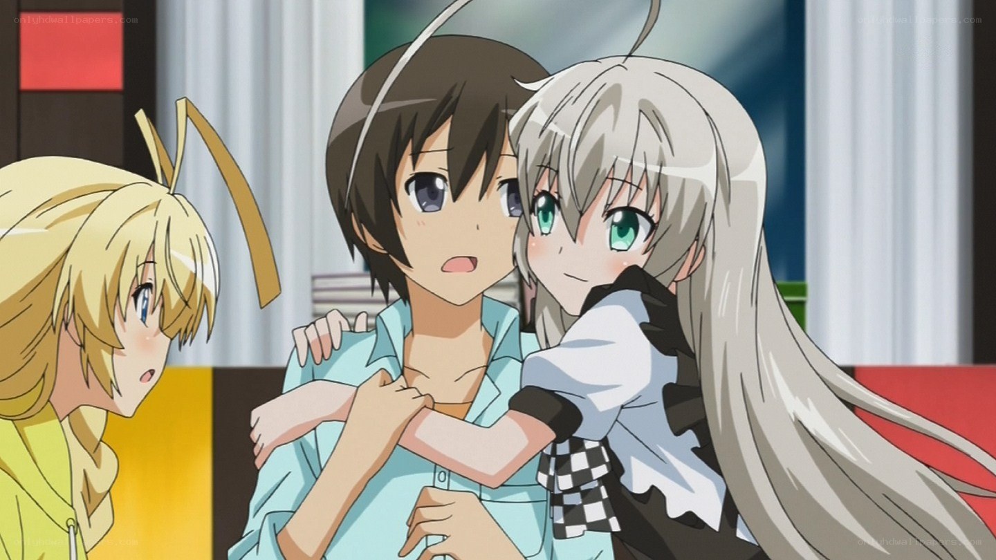 anime girls hugging boy