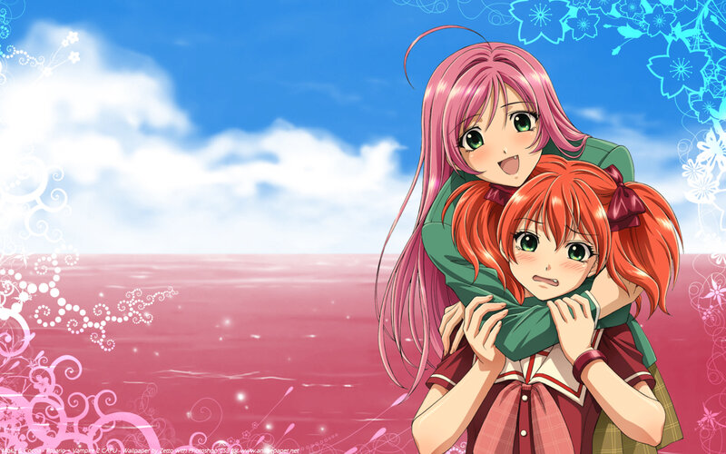 Anime girls hugging by the sea