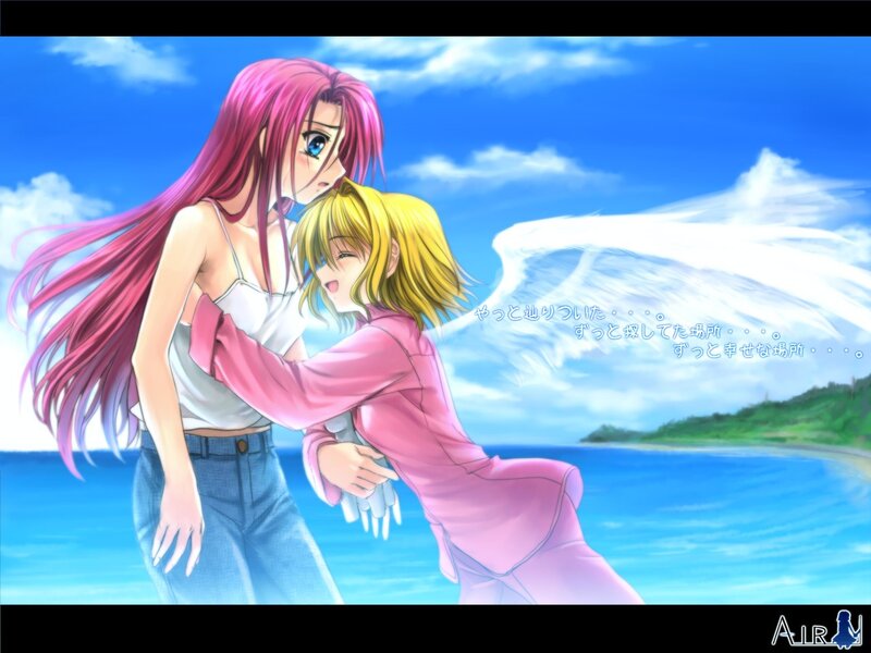 Anime girls hugging by the sea