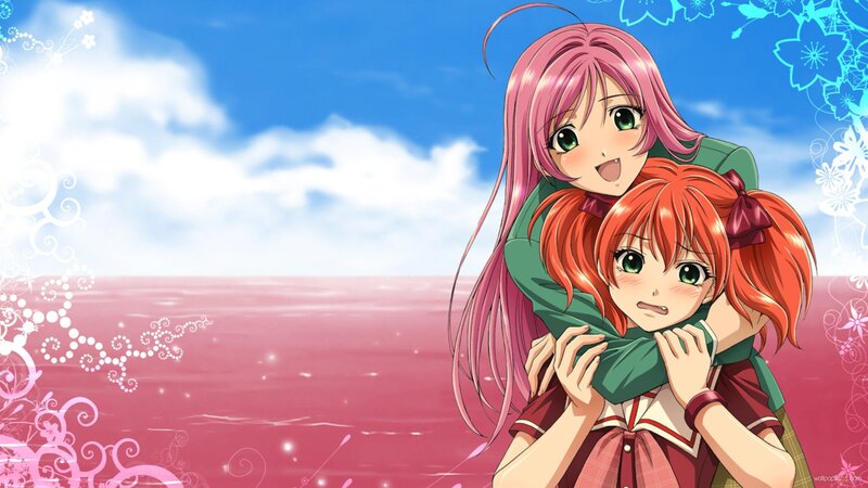 anime girls hugging by the sea