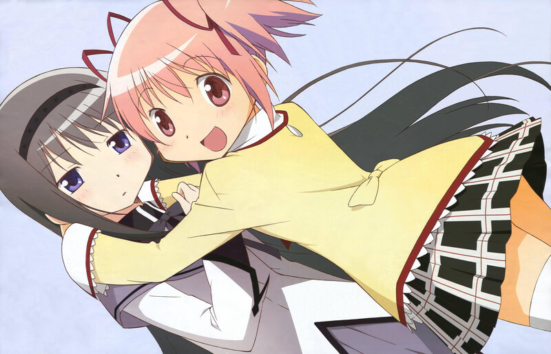 Anime girls hugging each other