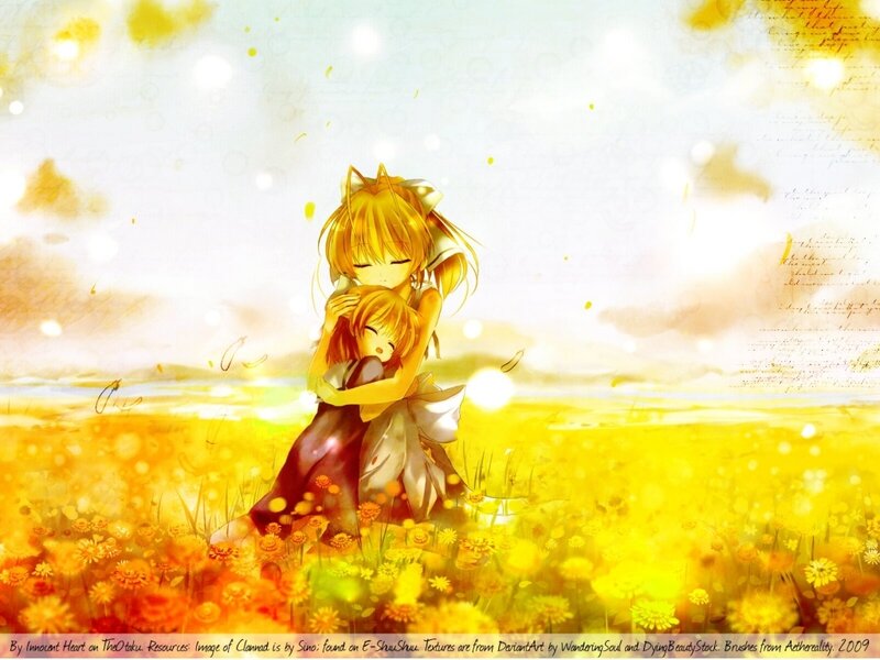 Anime girls hugging in a field