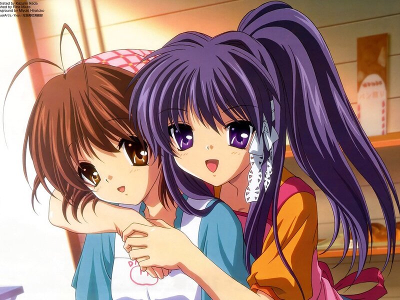 Anime girls hugging in a kitchen
